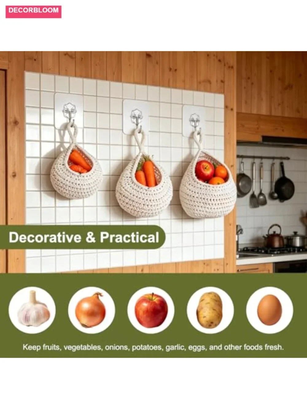 Hand-Woven Cotton Rope Hanging Fruit Basket Set with Adhesive Hooks